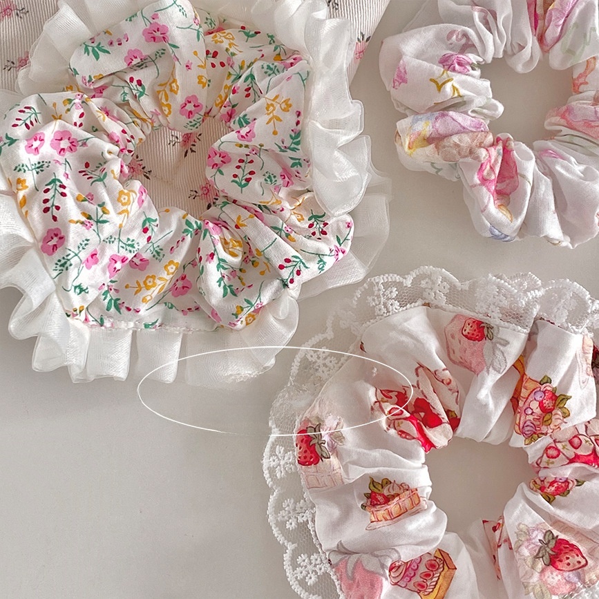 Women's Soft Cloth Lace Hair Tie with Sweet Strawberry Floral Pattern