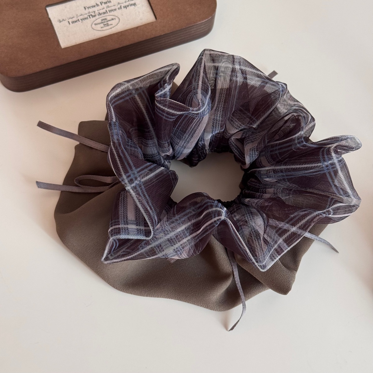 Women's Retro Brown Plaid Gauze Bow Knot Hair Tie, Elegant Winter Accessory