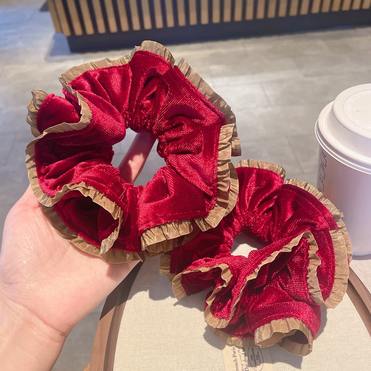 Women's French Velvet Lace Hair Tie Winter Accessory Wine Red Color Block