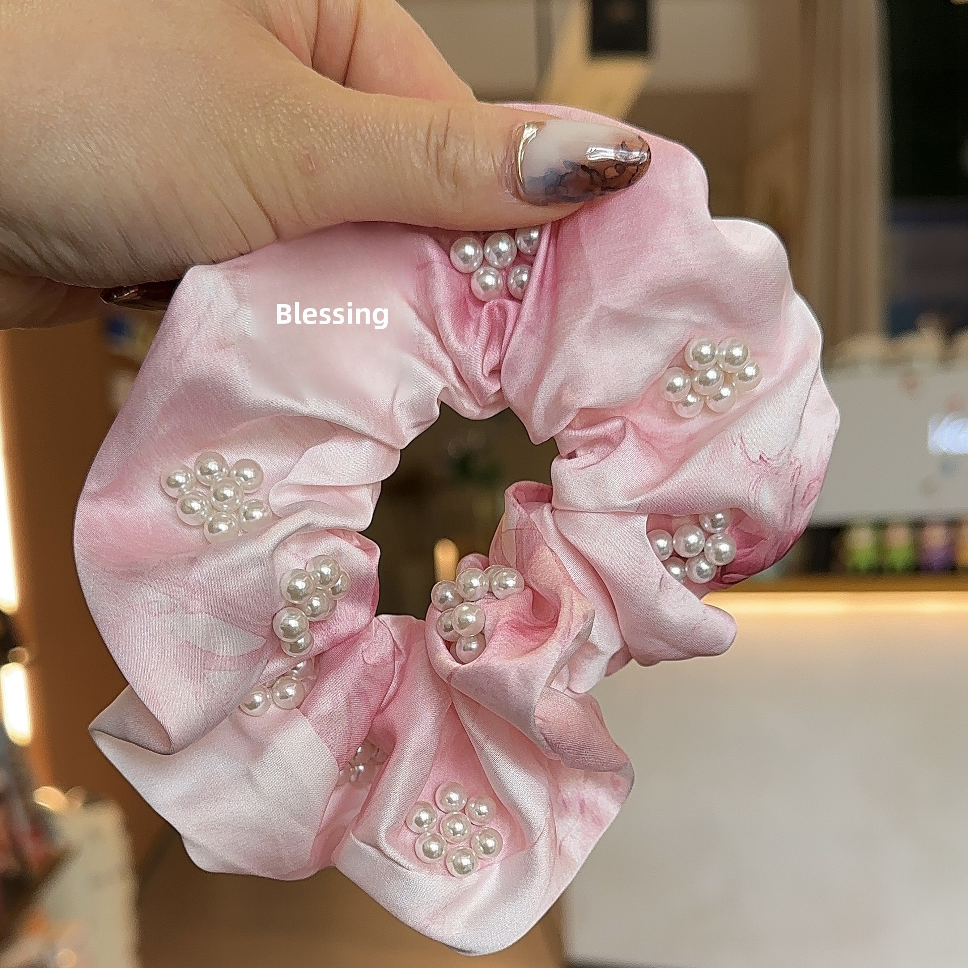 Women's French Satin Pearl Foldable Bubble Hair Tie Solid Color