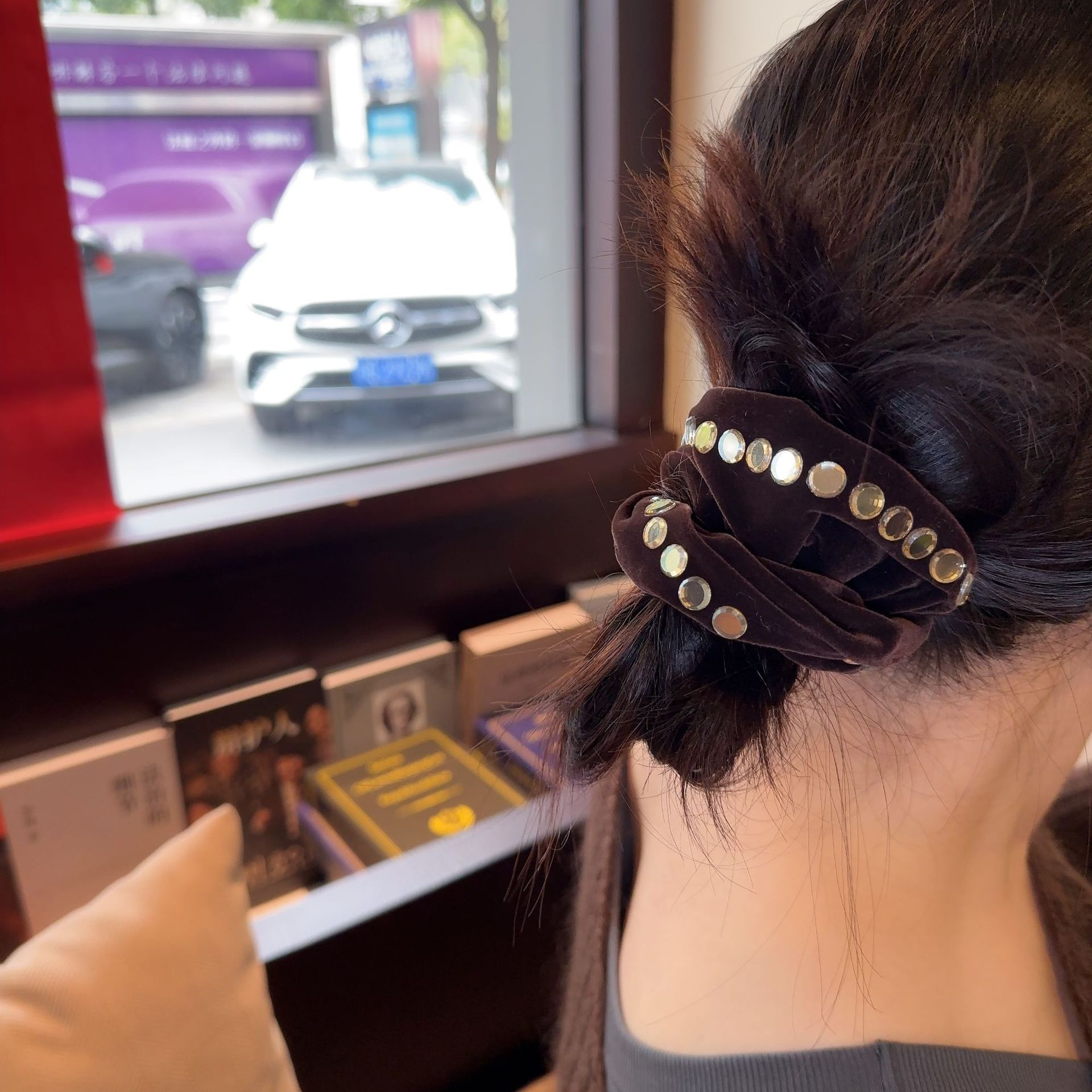 Women's Vintage Velvet Crystal Ponytail Hairband Solid Coffee Black