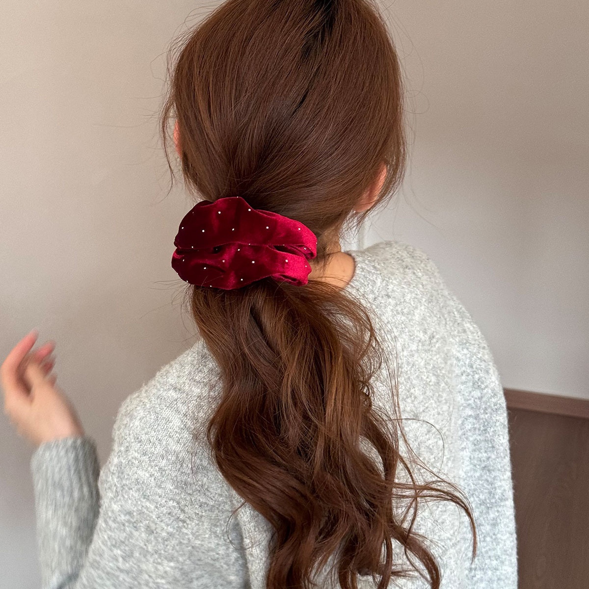 Women's New Year Velvet Pearl High Elastic Hair Band Solid Red