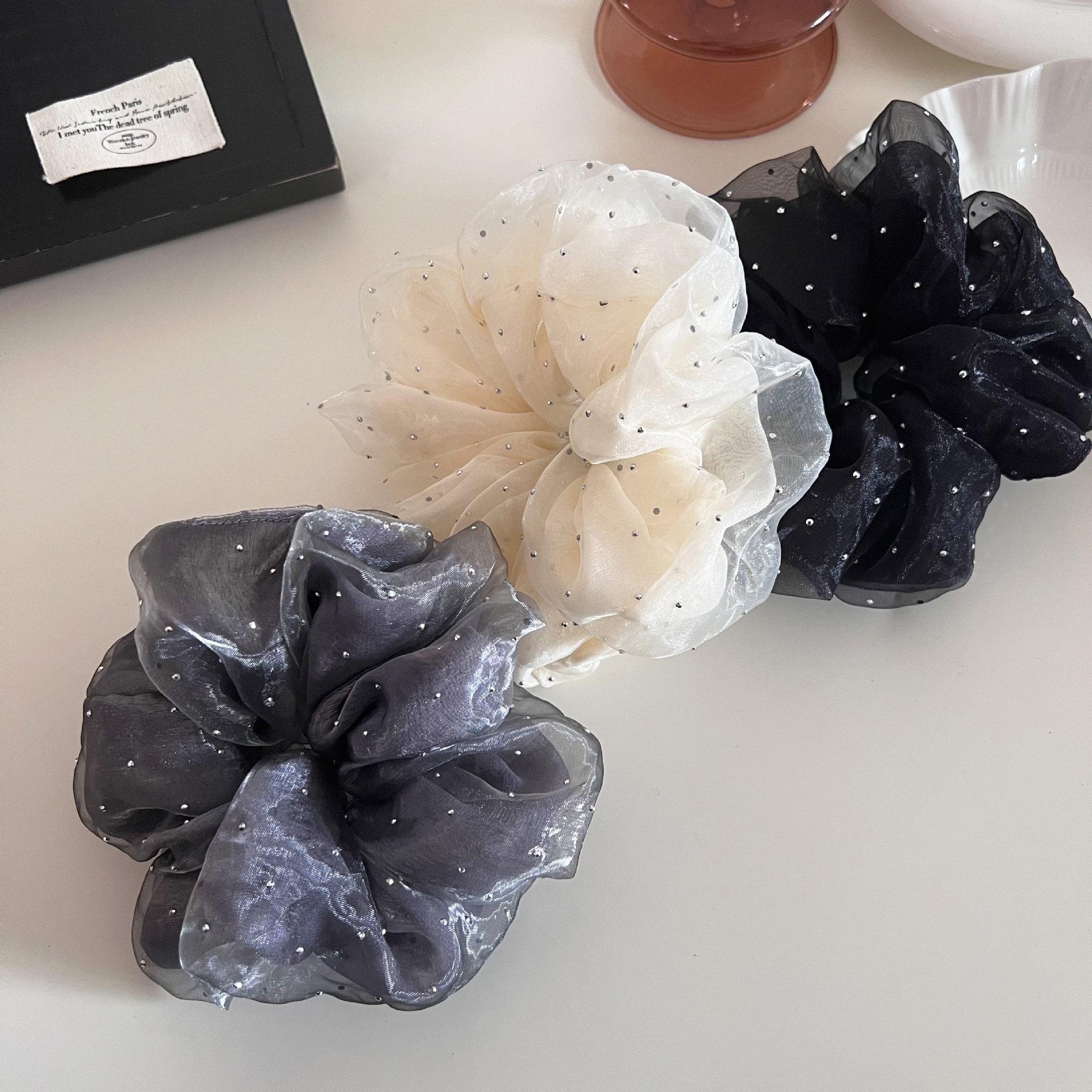 Women's Casual Rhinestone Mesh Double Layer Hairband Solid Beige Black