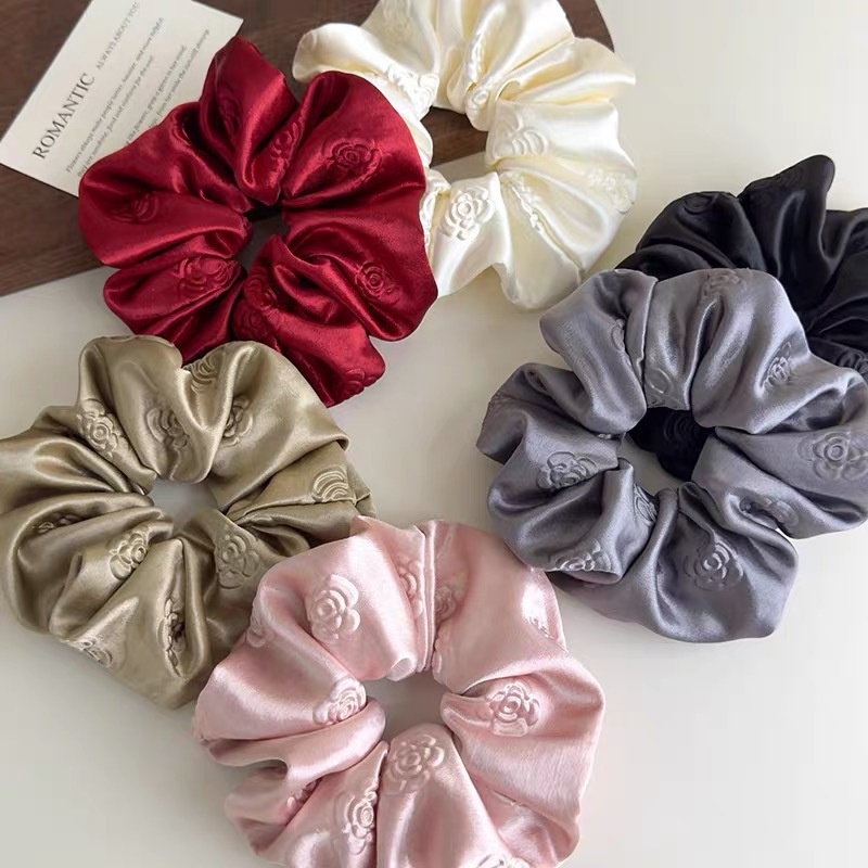 Women's Luxury Embossed Satin Large Bow Hair Ties Solid Color Versatile Hair Bands