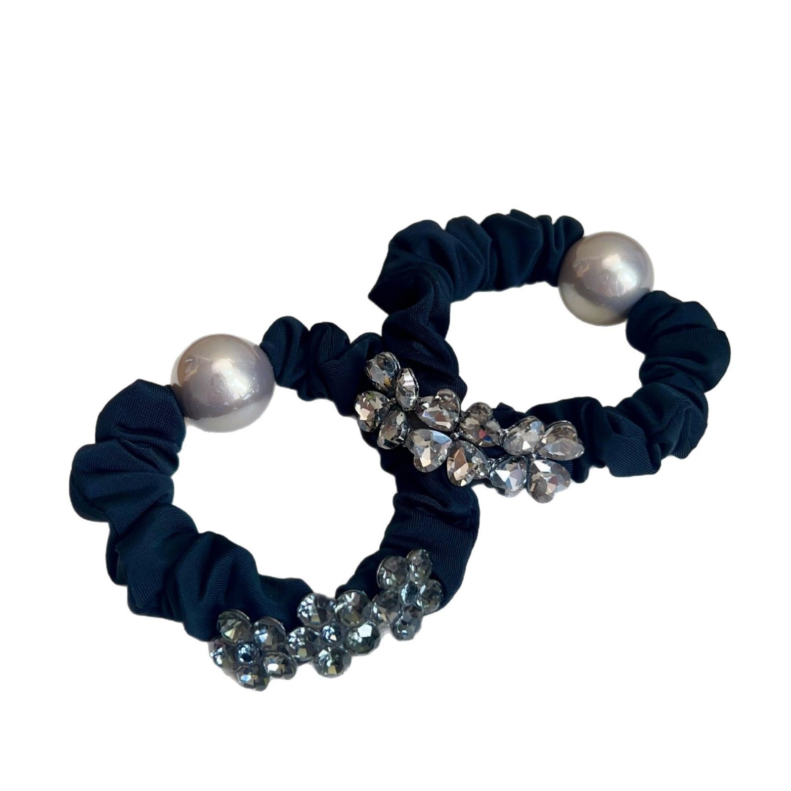 Women's Spring Vintage Pearl Rhinestone Cloth Hair Tie Black Flower