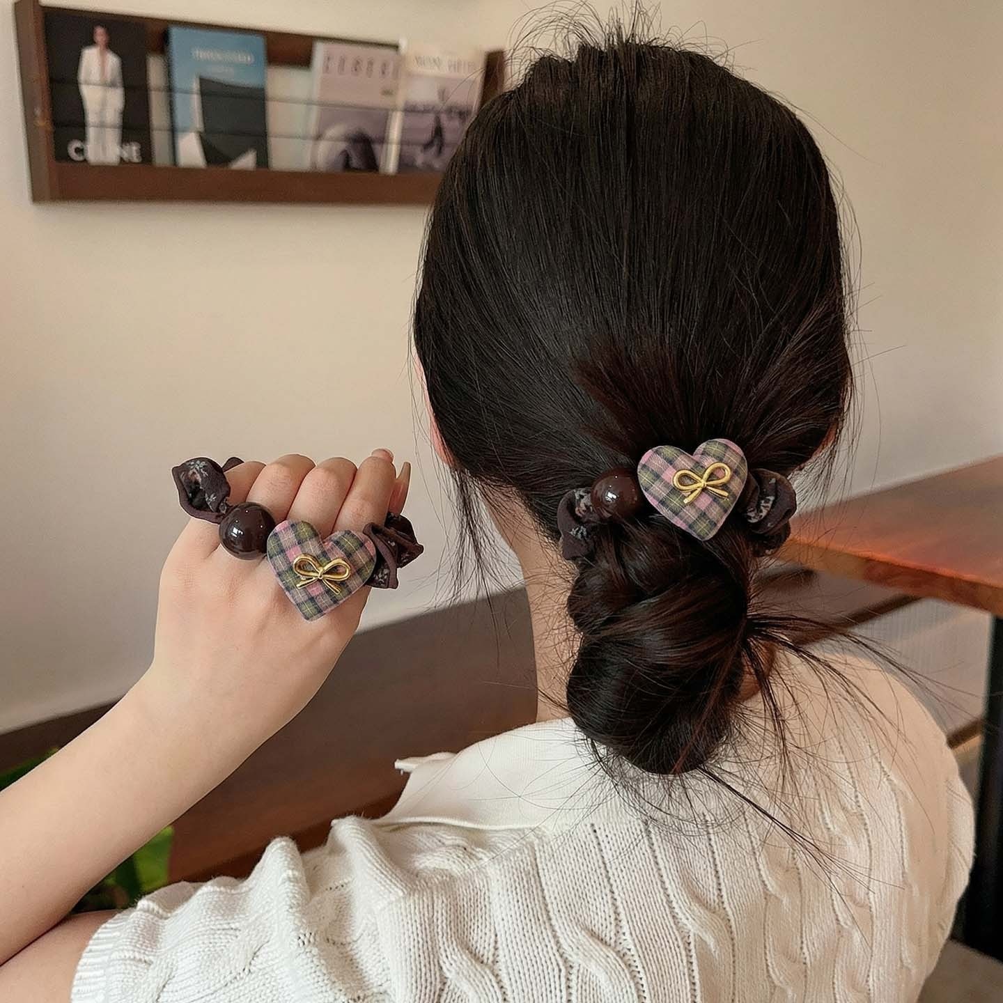 Women's Stylish Cloth Hair Tie Sweet Heart Floral Plaid Bow Knot