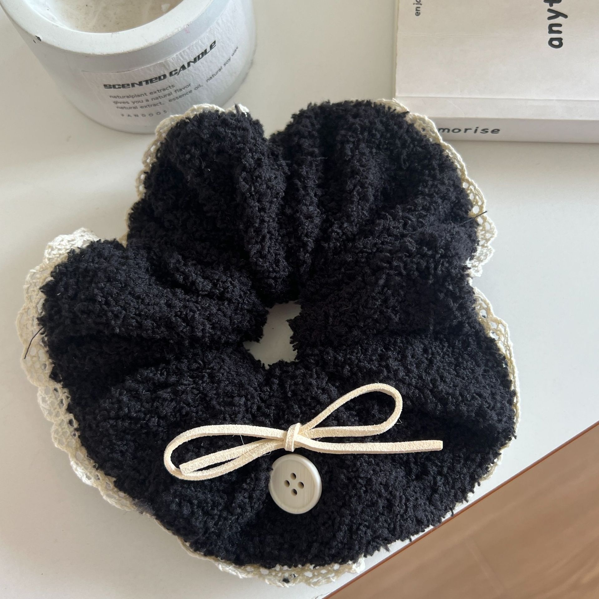 Women's Autumn Winter Fluffy Lace Trim Elastic Scrunchie Sweet Bowknot