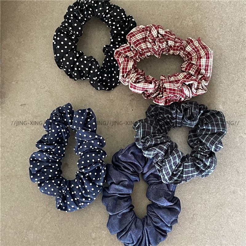 Women's Casual Fabric Tail Hair Ties Denim Blue Polka Dot Plaid
