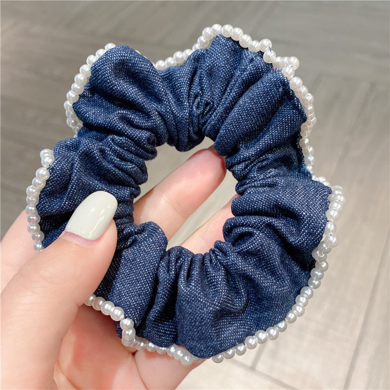 Women's Elegant Ponytail Hair Tie Blue Denim Hand Sewn Pearls