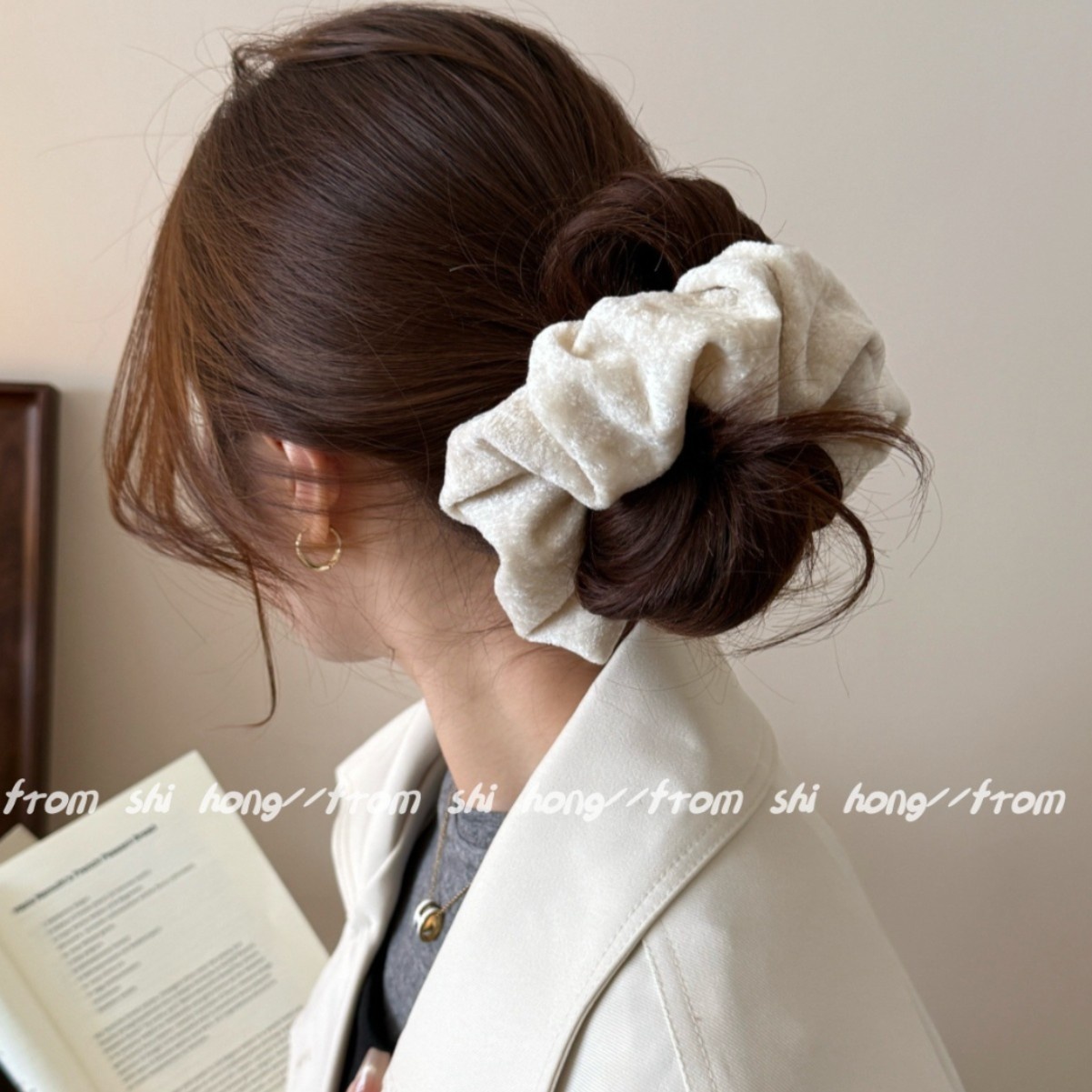 Women's Retro Flannel Hair Tie For Autumn & Winter Solid Black