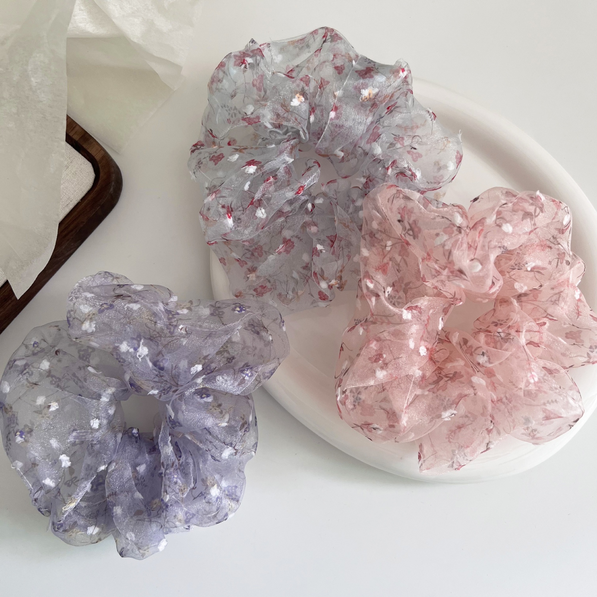 Women Girls Mesh Scrunchie Hair Tie All-Season Ditsy Floral Pattern