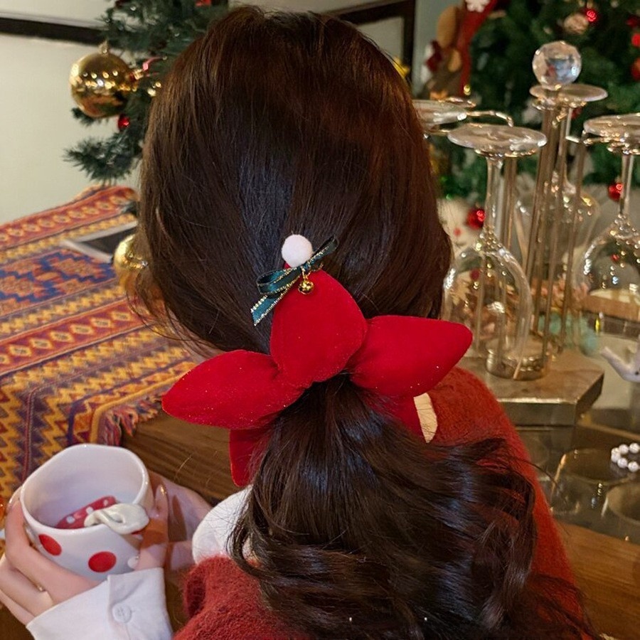 Women's Festive Cloth Scrunchie Hair Tie Red Star Christmas Tree