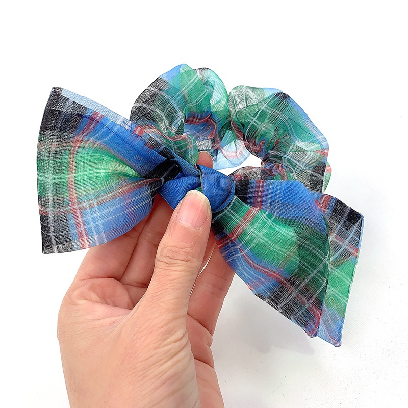 Women's Summer Organza Bowknot Hair Tie Scrunchie Rainbow Plaid