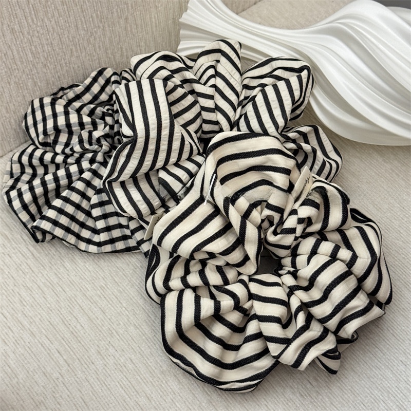 Women's All Season Cloth Scrunchie Hair Tie Black White Plaid Stripe