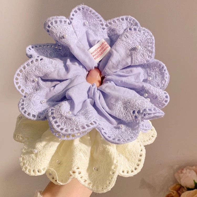 Women's Elegant Pleated Ponytail Bun Hair Tie Yellow Lace Pearl Flower