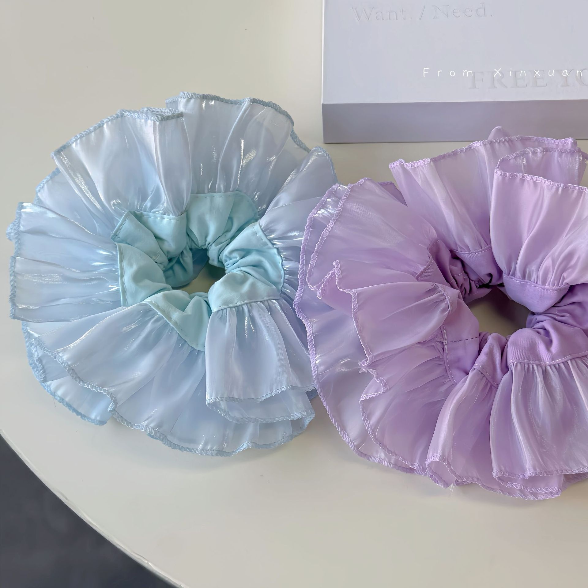 Women's Handmade Pleated Gauze Large Bow Lazy Hair Tie Lilac Blue