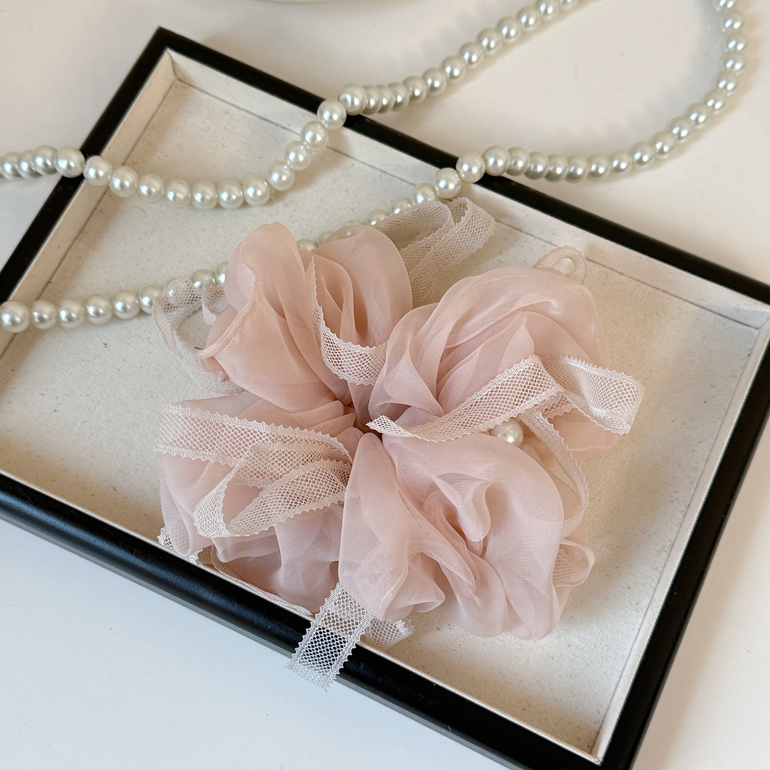 Women's French Style Summer Organza Hair Tie in Beige, Pink, Black