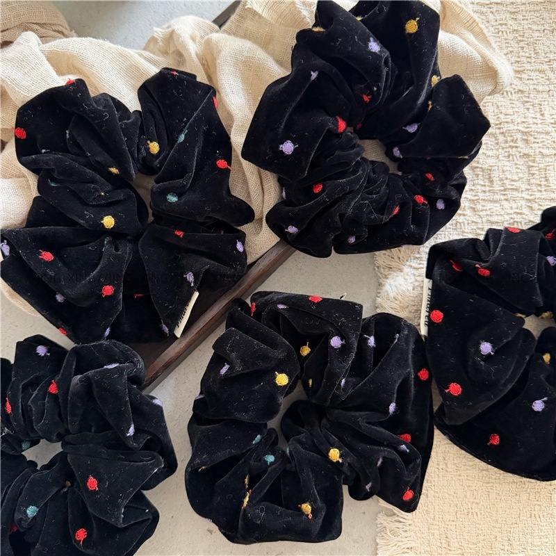 Women's Autumn Winter Velvet Cotton Hair Band Black Colorful Dots