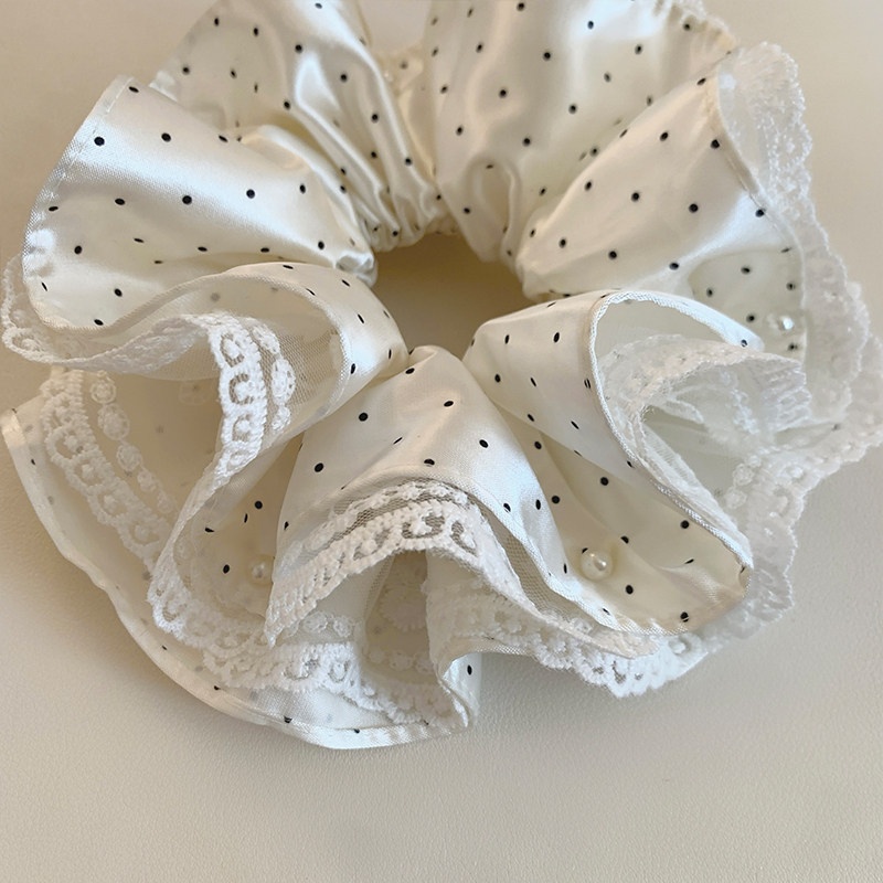 Women's Spring Satin Lace Scrunchie Hair Tie White Polka Dots