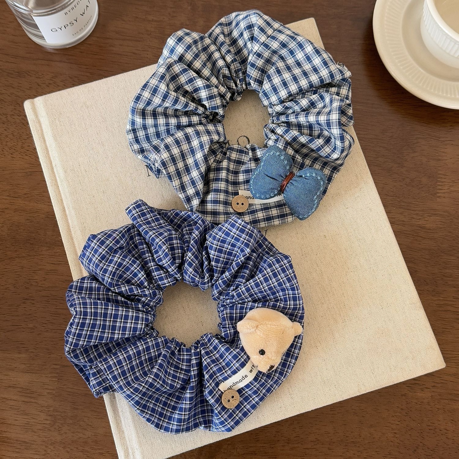 Women's Stylish Cloth Bowknot Scrunchie Blue Plaid Bear Pattern