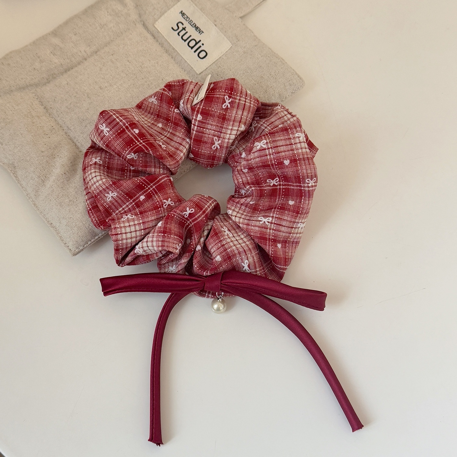 Women's Pearl Bowknot Cloth Scrunchie Ribbon Hair Tie Red Black Plaid