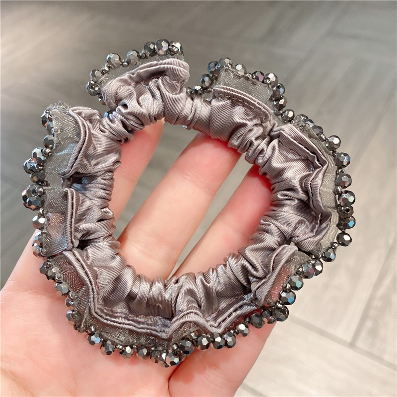 Women's High Elastic Cloth Crystal Daily Hair Bun Tie Solid Grey Black