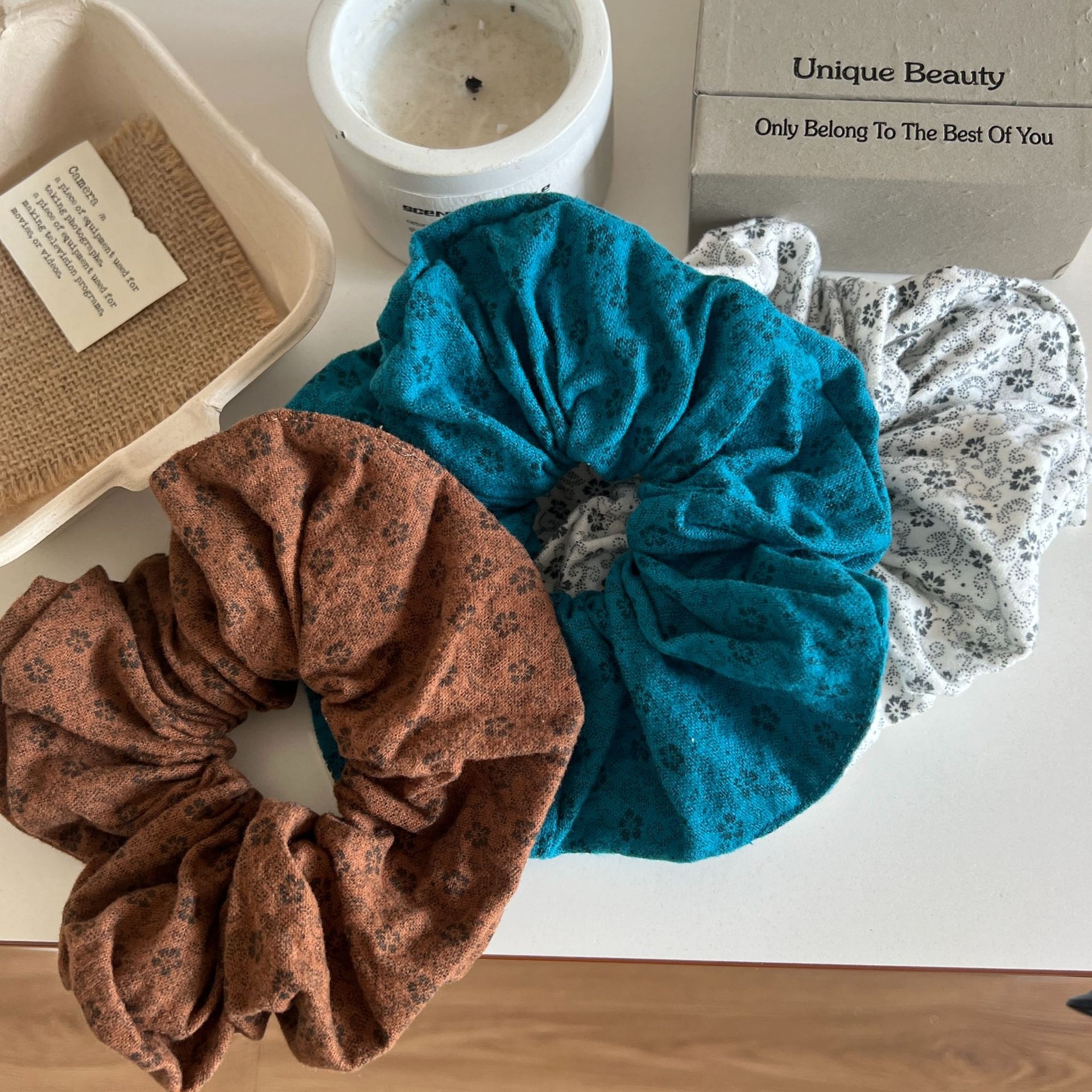 Women's Elegant Large Bun Bowknot Hair Tie in Simple Blue Small Floral Cloth