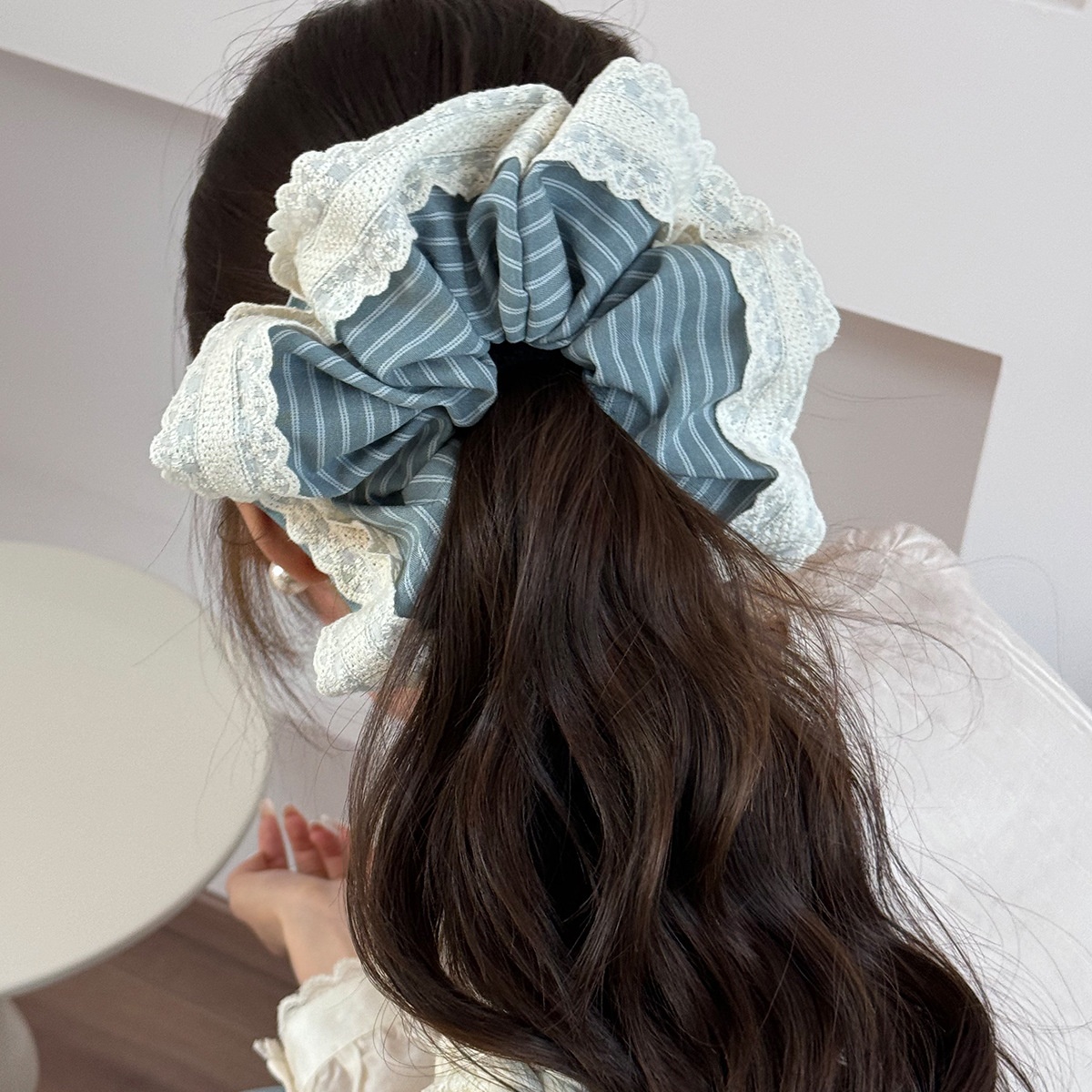 Women's Elegant Cloth Hair Tie For Everyday Wear Grey & Blue Striped Lace