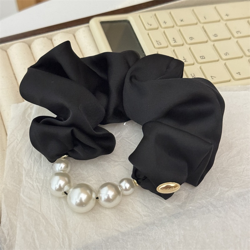 Women's Elegant Summer Satin Pearl Scrunchie Hair Tie Solid Pink