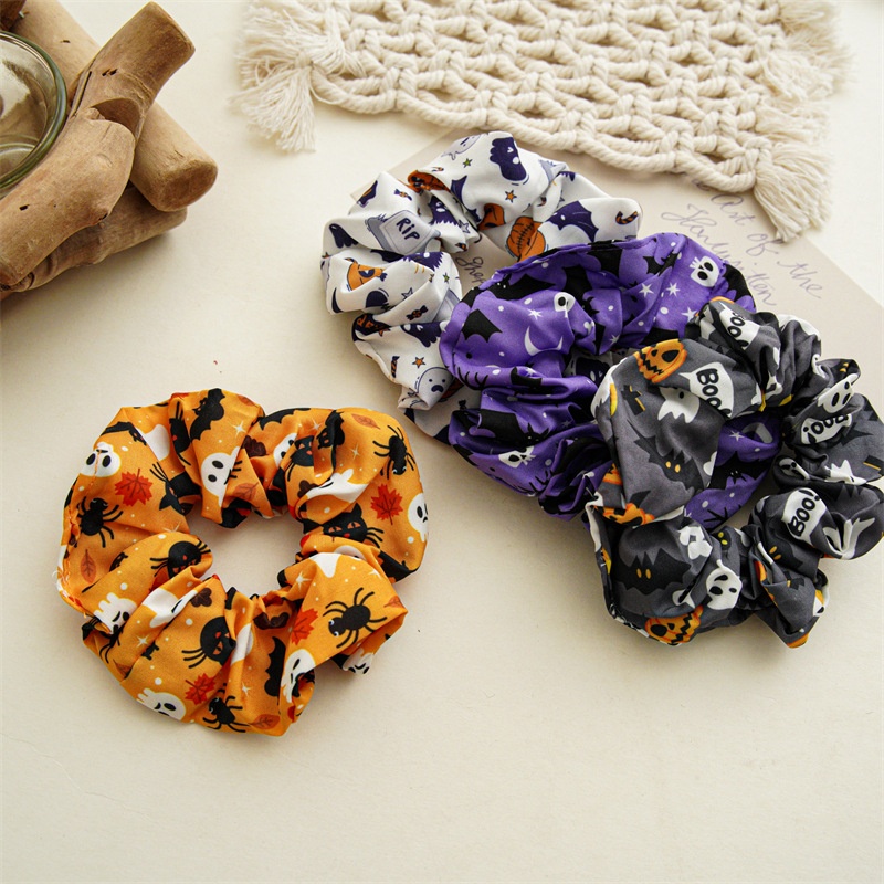 Women's Handmade Satin Street Hair Scrunchie Funny Halloween Skull