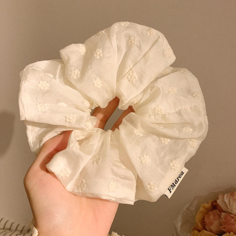 Women's Large Mori Style Scrunchie Beige Polka Dot Cloth Hair Tie
