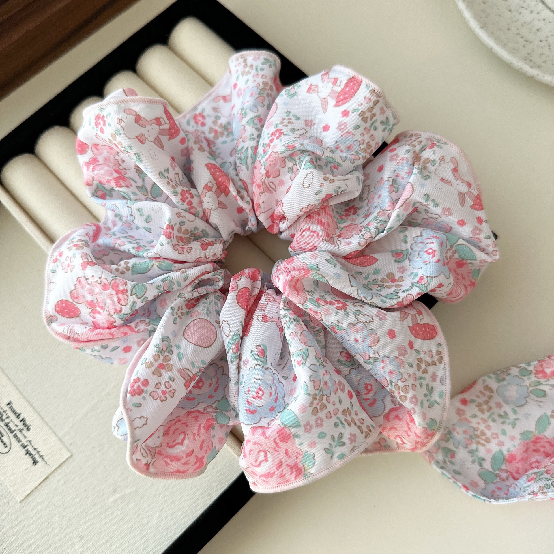 Women's Spring Summer Sweet Cloth Hair Tie Pink Cherry Floral Lace