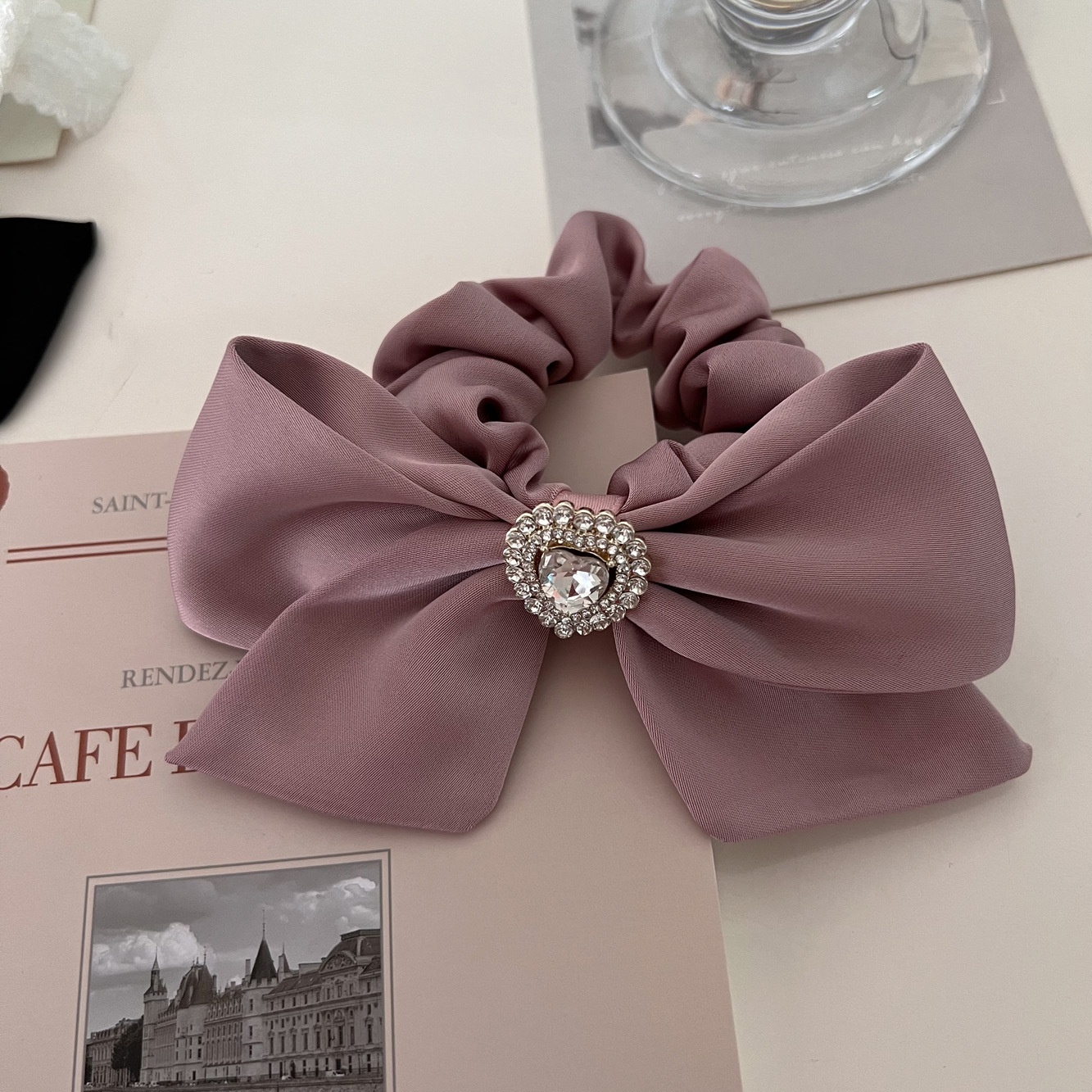 Women's Elegant Satin Bow Knot Hair Tie with Sparkling Rhinestones