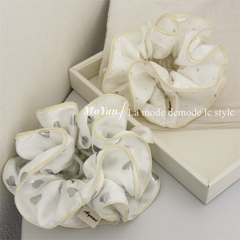 Women's Daily Soft Cloth Hair Tie Scrunchie Silver Heart Polka Dots