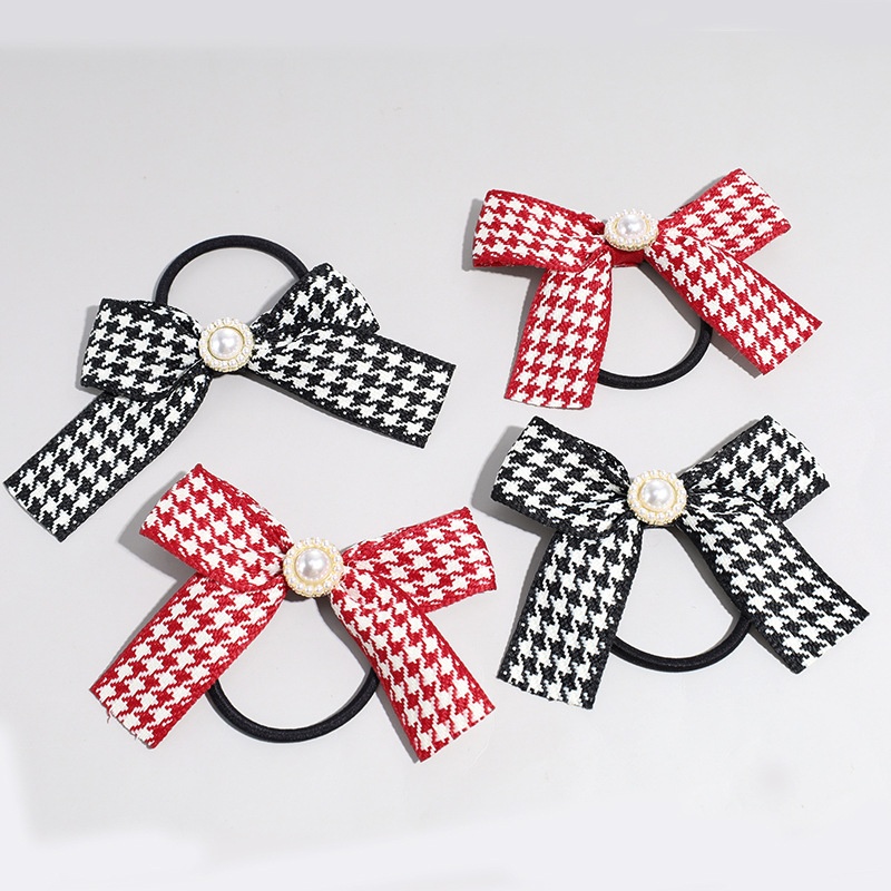 Women's Pearl Bow Cloth Hair Tie French Retro Houndstooth Plaid