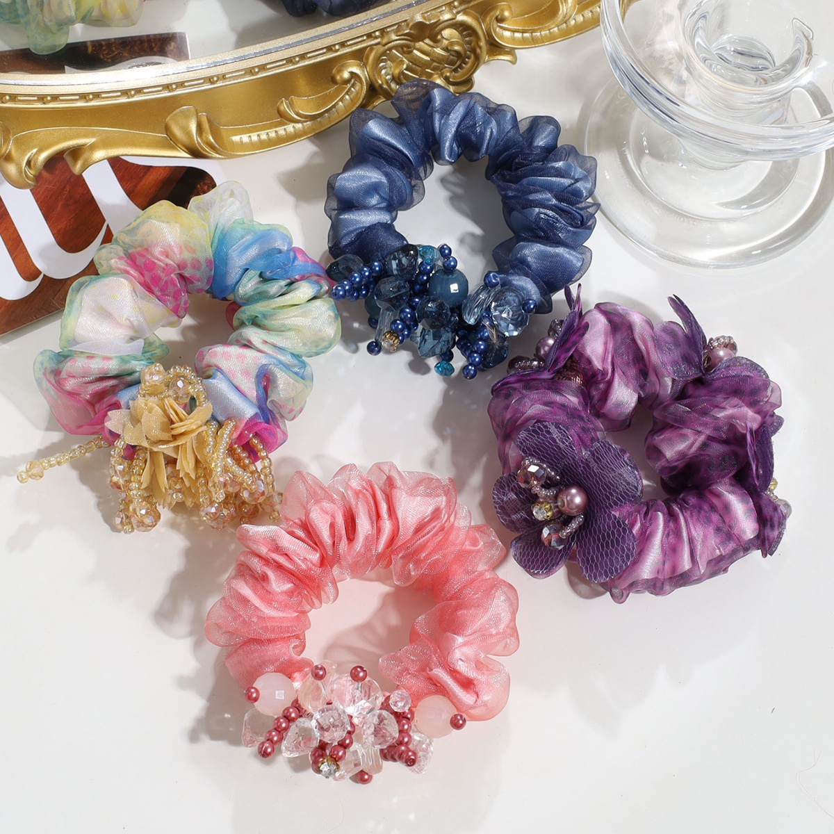 Women's Elegant Organza Hair Tie With Pearl Rhinestone Flower Tassel
