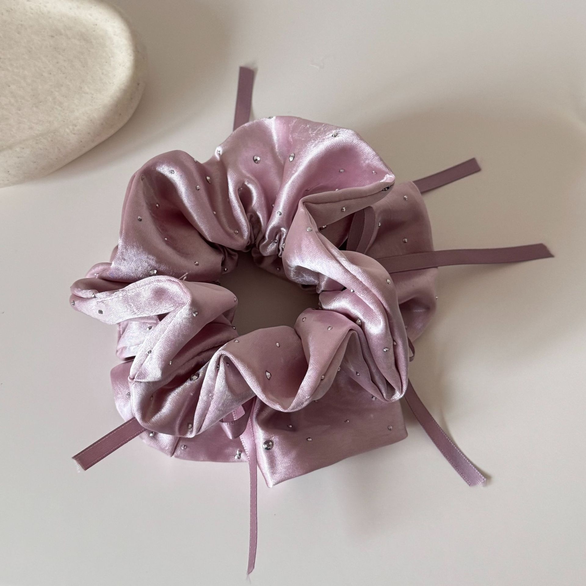 Women's Spring French Rhinestone Bowknot Hair Rubber Band Pink Satin