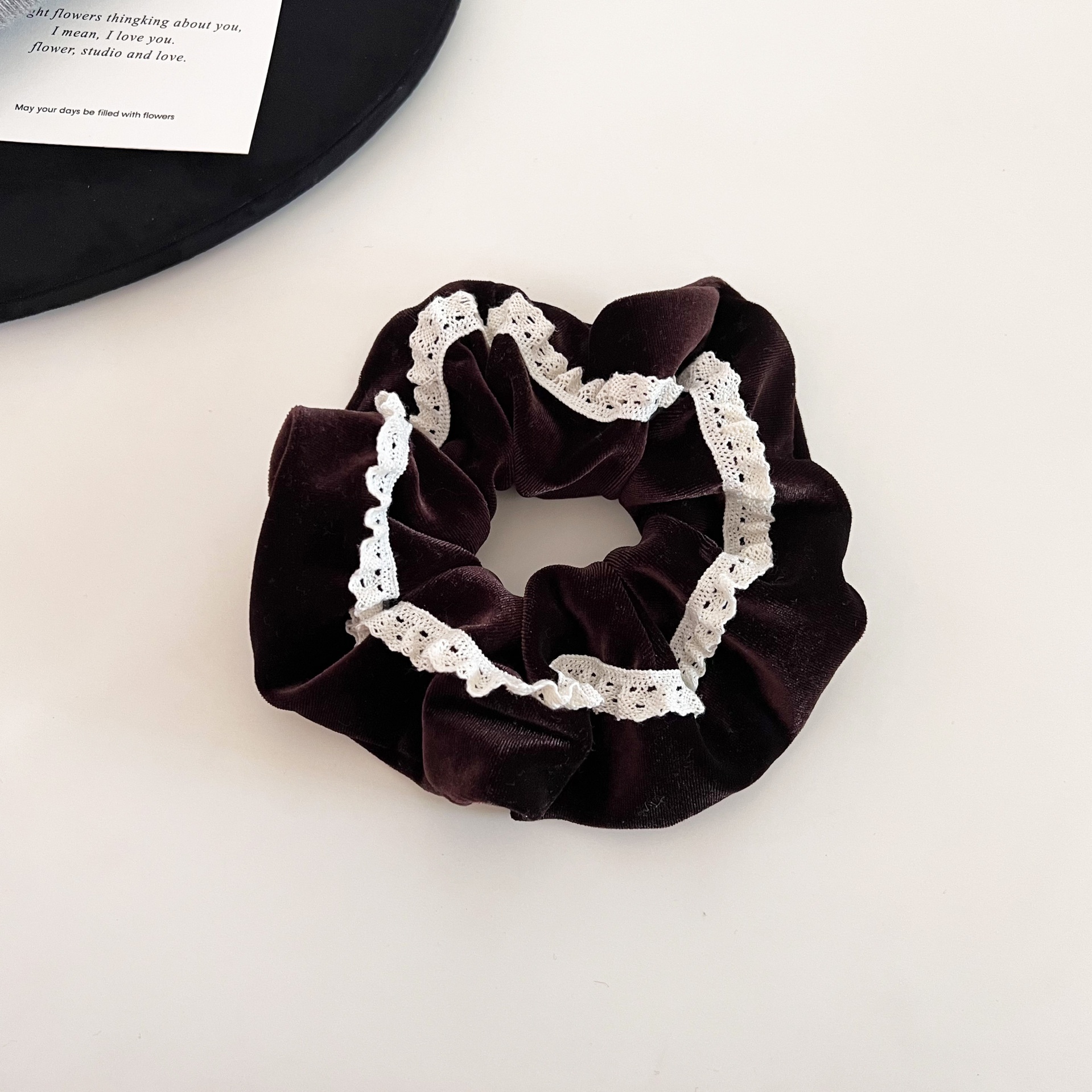 Women's French Lace Edge Velvet Hair Tie for Buns in Elegant Solid Colors