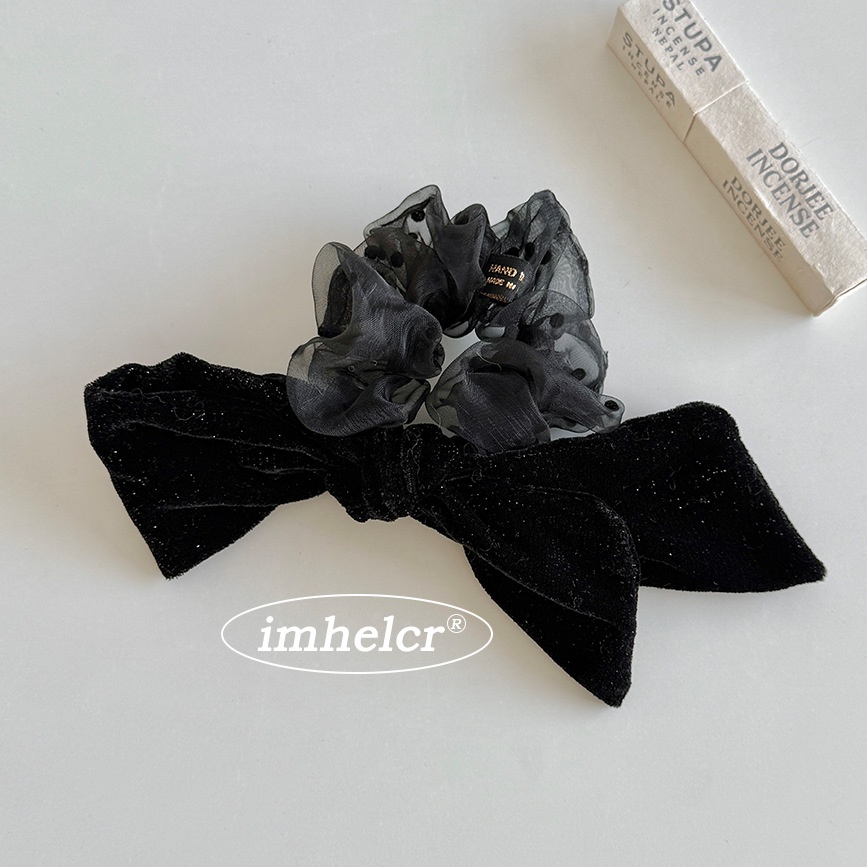 Women's Shiny Stitching Velvet Bowknot Hair Tie Black Polka Dots