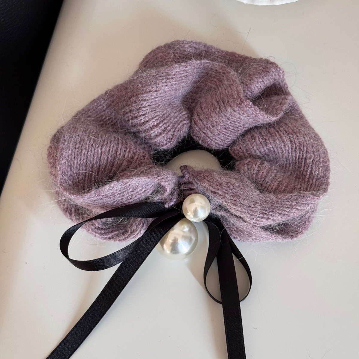 Women's High-end Pearl Knitted Wool Hairband Winter Ribbon Bow Bun Tie