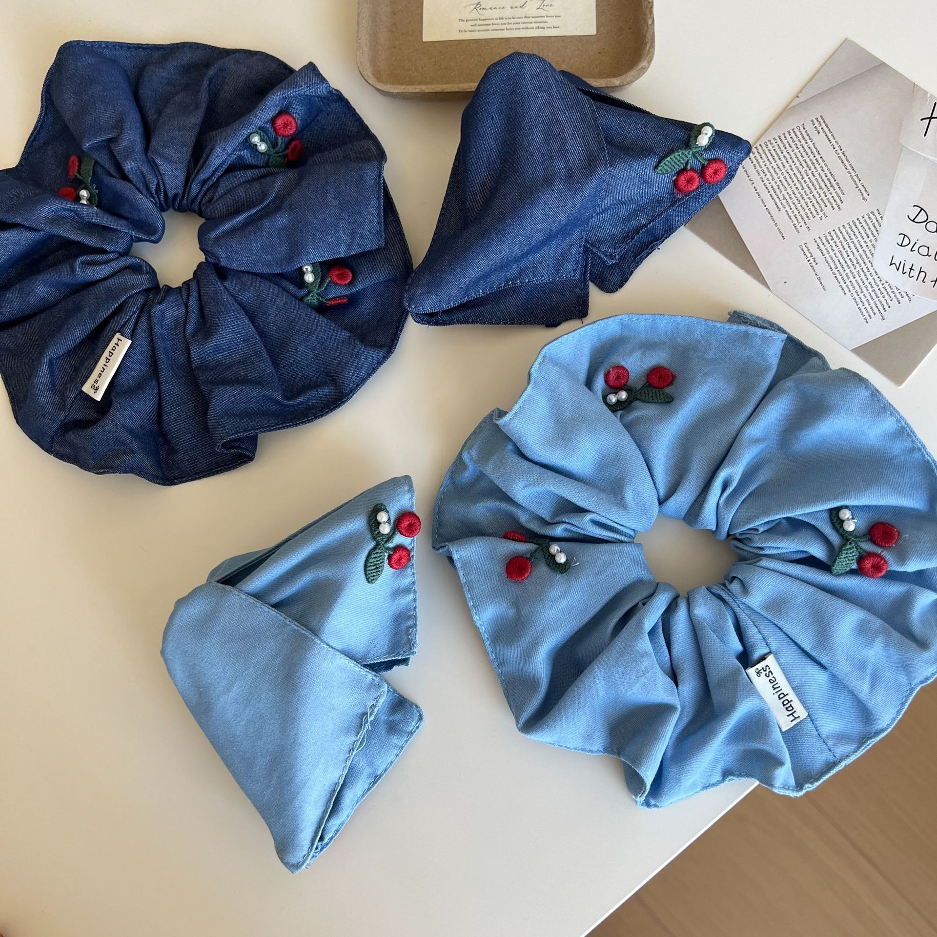 Women's Casual Denim Scrunchie Hair Accessory Cherry Embroidery