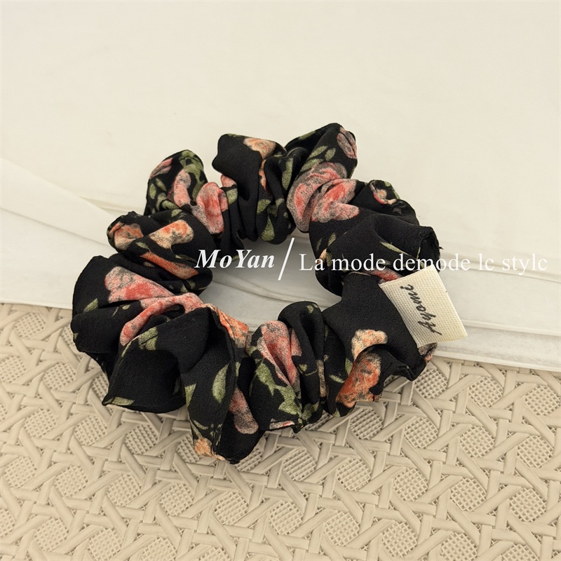 Women's Minimalist Fabric Hair Tie For Ponytails Beige Black Floral Print