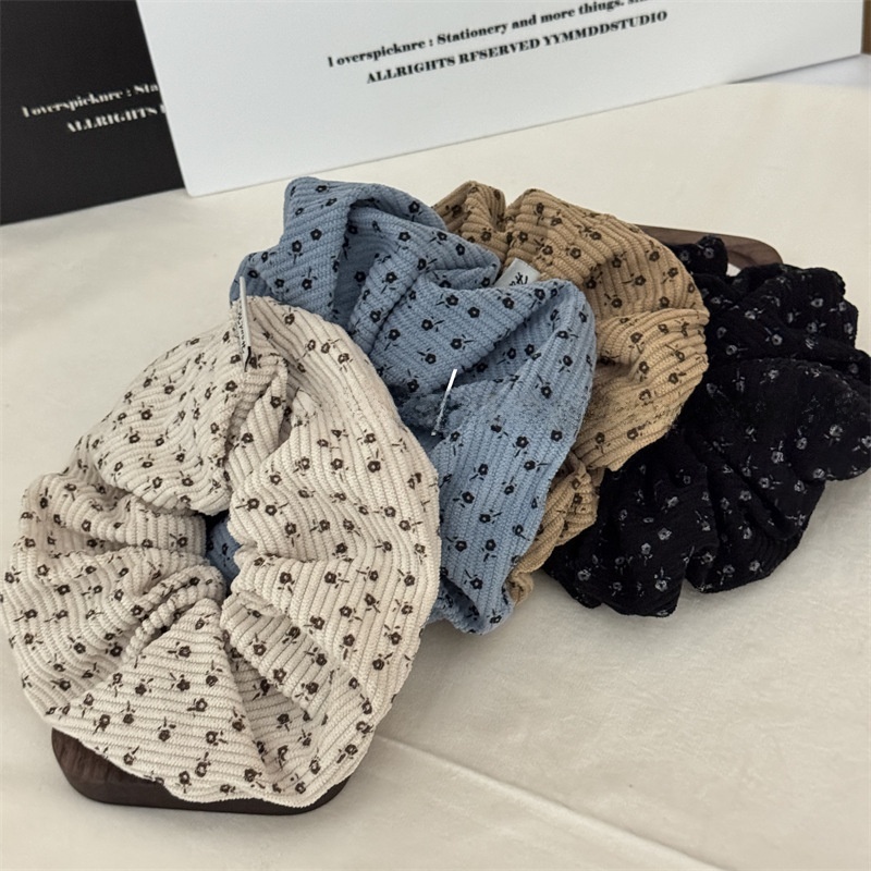 Women's Fall Winter Corduroy Hair Tie Scrunchie Khaki Ditsy Floral