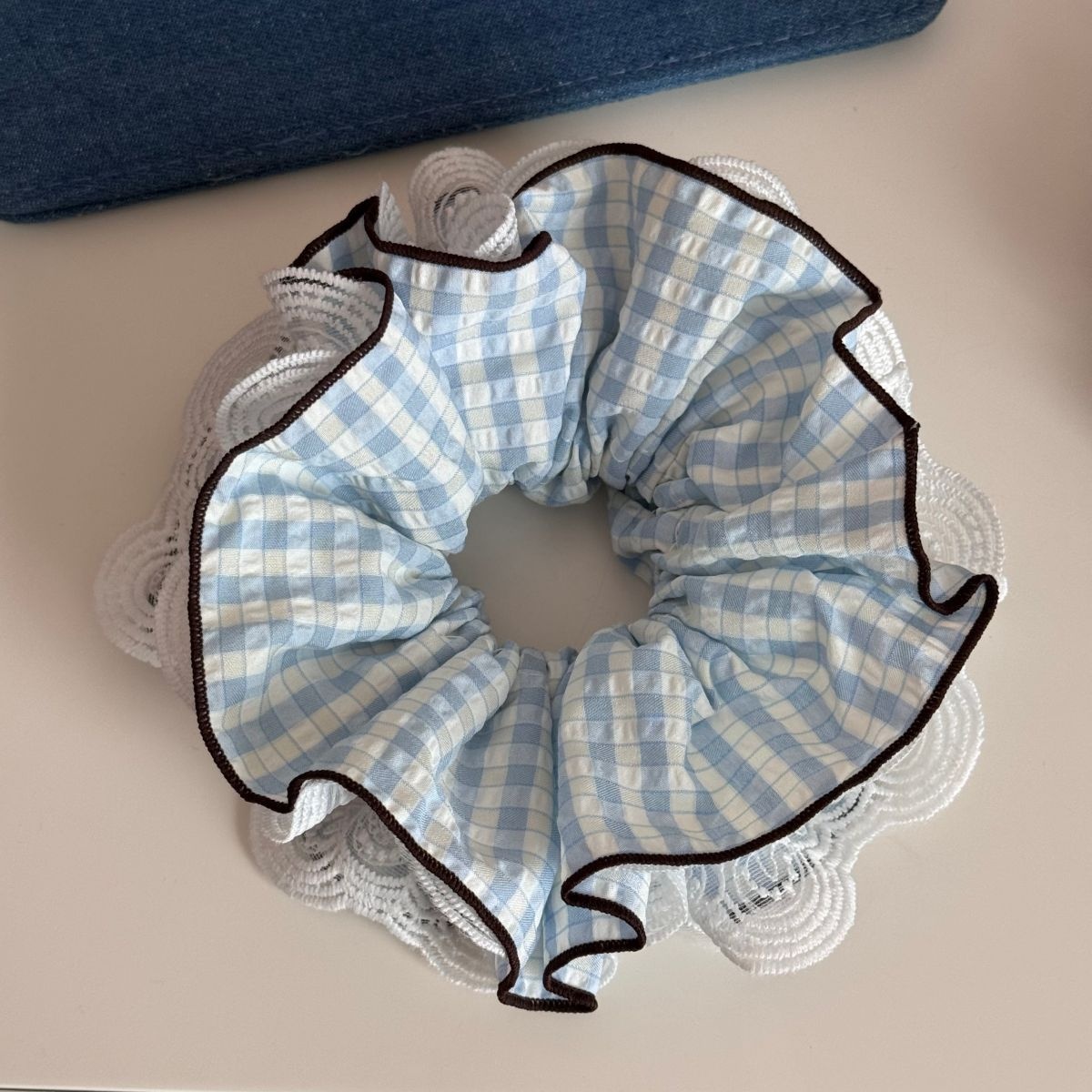 Women's Spring Retro Cloth Hair Tie Scrunchie Blue Black Plaid