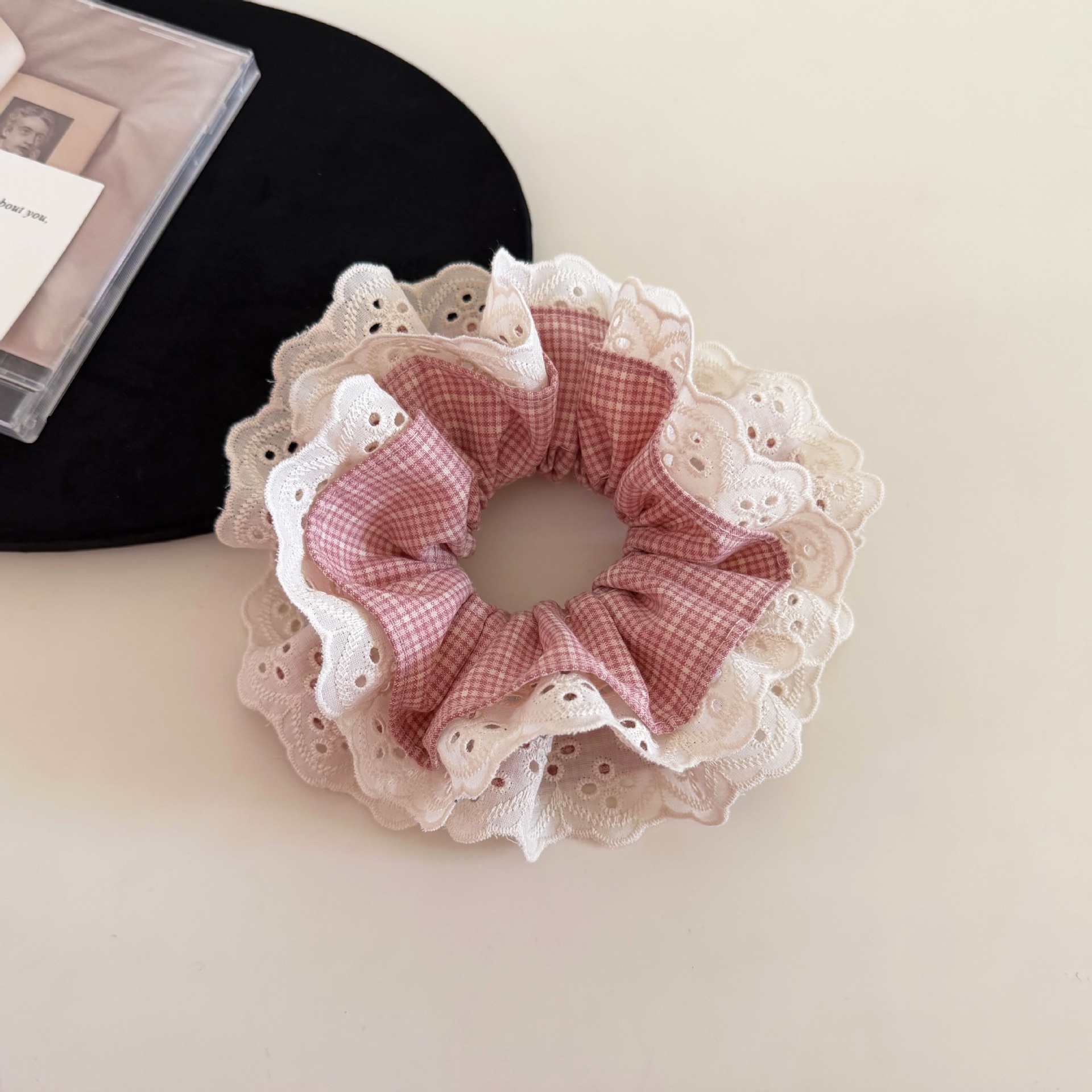 Women's Stylish Everyday Cloth Hair Tie Pink Blue Plaid Lace