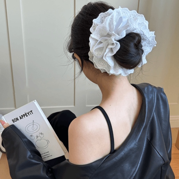 Women's Cloth Drawstring Bun Hair Tie Scrunchie Multi-layer Lace