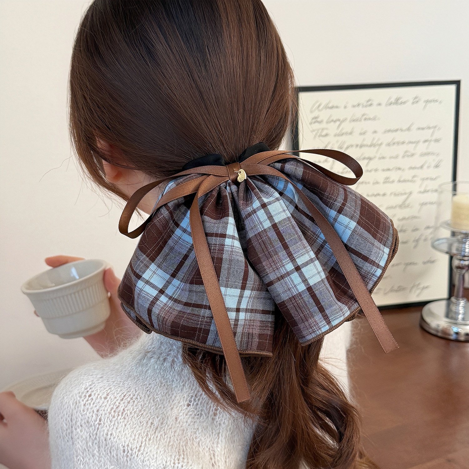 Women's Everyday Cloth Bow Tie Hair Scrunchies Coffee Black Plaid
