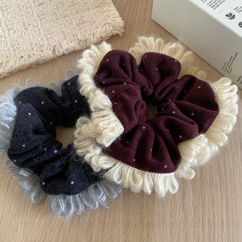 Women's Cozy Autumn Winter Cloth Hair Tie Dark Grey & Wine Red Polka Dots