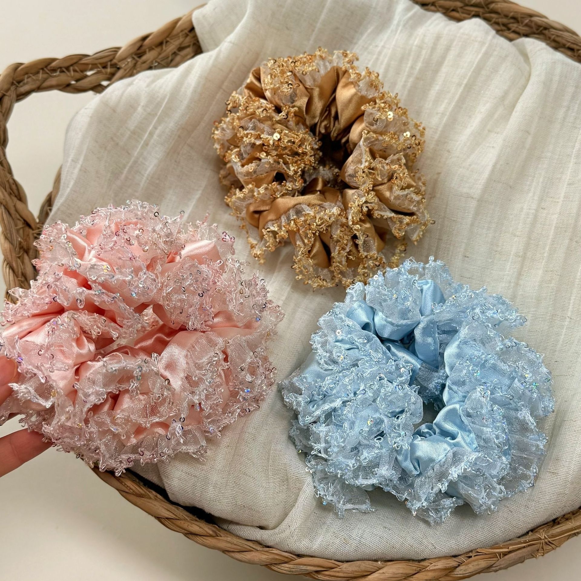 Women Party Fluffy Sequin Satin Bow Hairband Pink Blue Gold Flower