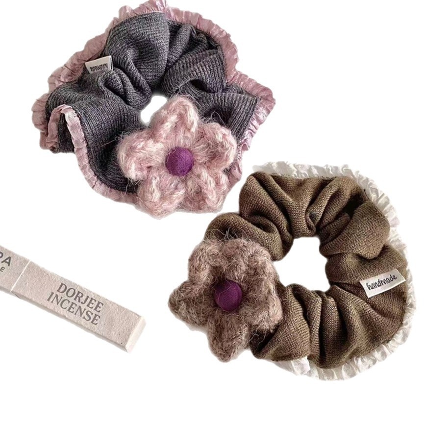 Women Winter Knitted Ruffled Ponytail Hairband Pink Dark Coffee Flower